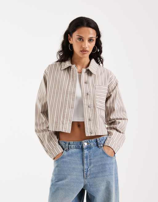 JJXX - Cropped shacket van keperstof met beige strepen 