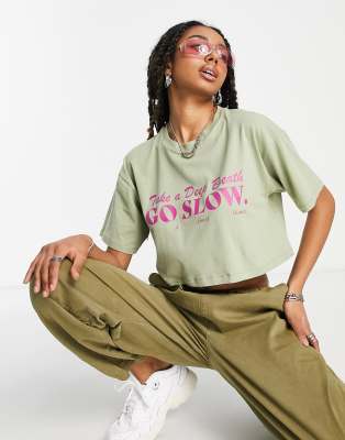 JJXX cropped slogan t-shirt in khaki