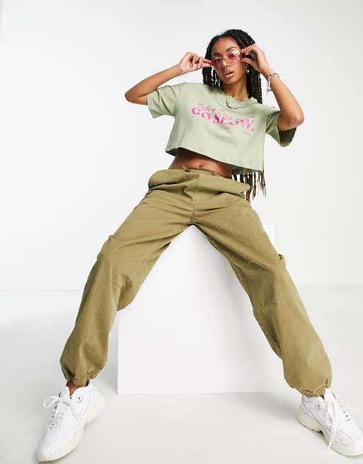 JJXX cropped slogan t-shirt in khaki, 2 of 4