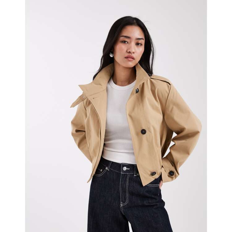 JJXX cropped trench-style jacket with stand collar in beige | ASOS
