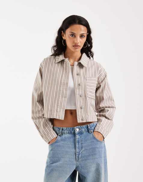 JJXX cropped twill shacket in beige stripes - view 1
