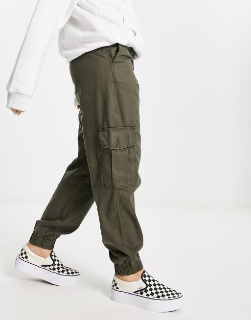 Khaki Satin Cuffed Cargo Pants