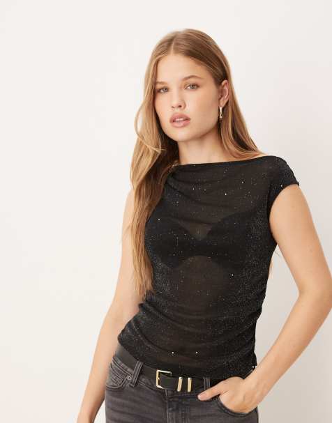 JJXX asymmetric glitter sheer top in black