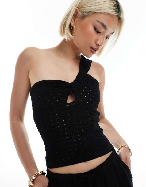 JJXX one shoulder crochet style top in black