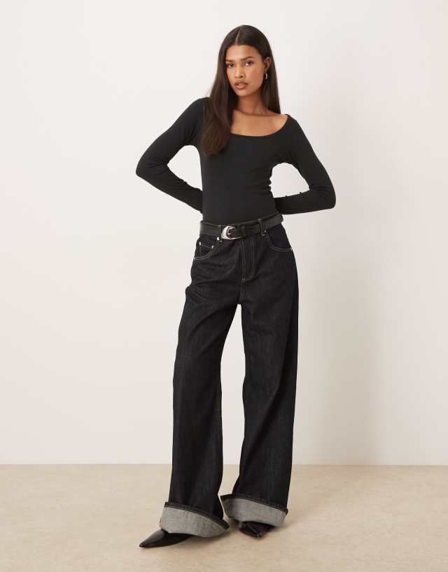 JJXX deep scoop neck long sleeve top in black | ASOS