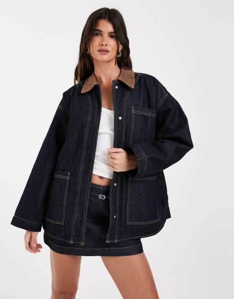 JJXX denim barn jacket with cord collar in dark wash - view 1