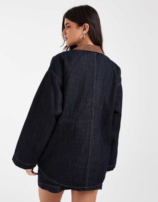 JJXX denim barn jacket with cord collar in dark wash, 2 of 4