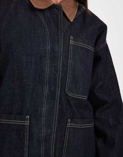 JJXX denim barn jacket with cord collar in dark wash, 3 of 4
