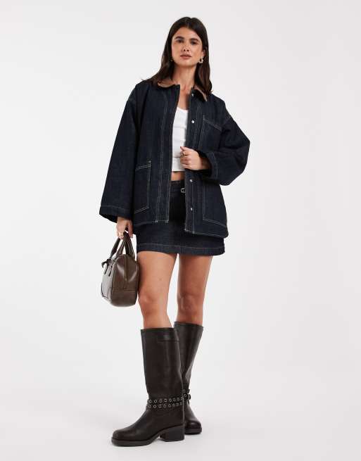 JJXX denim barn jacket with cord collar in dark wash, 4 of 4