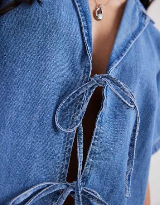 JJXX denim crop top with tie front in mid blue - part of a set | ASOS