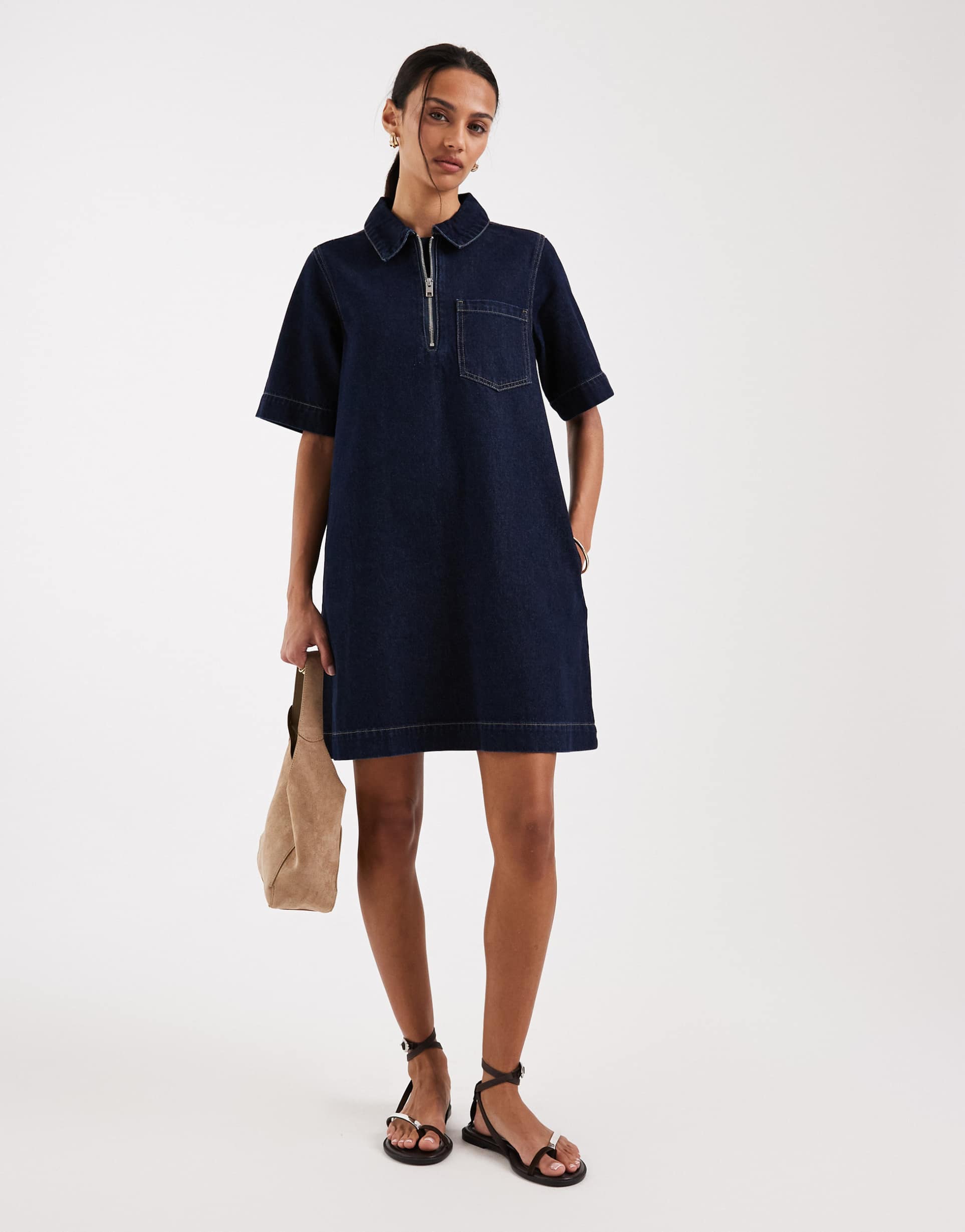 jjxx denim mini dress with quarter zip in dark blue