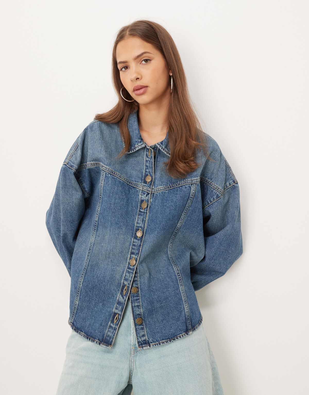 JJXX denim overshirt with seam detail in mid blue