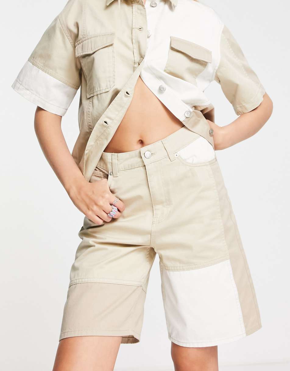 JJXX denim patch work shorts in beige colourblock