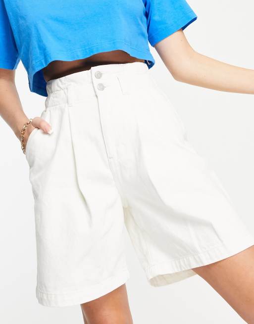 JJXX - Denim short met hoge taille, lange pasvorm en geplooide voorkant in ecru
