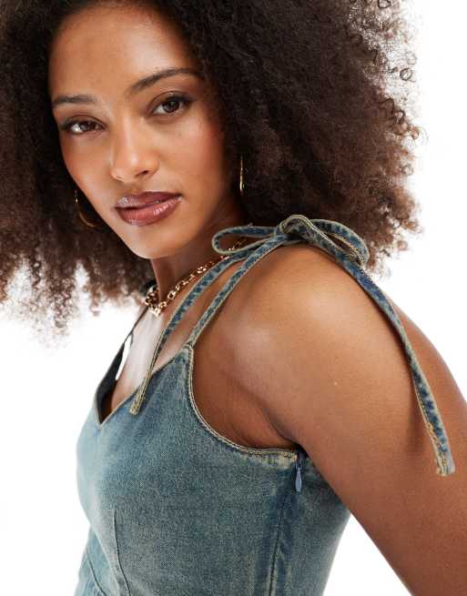 JJXX denim strappy top in vintage blue, 4 of 4