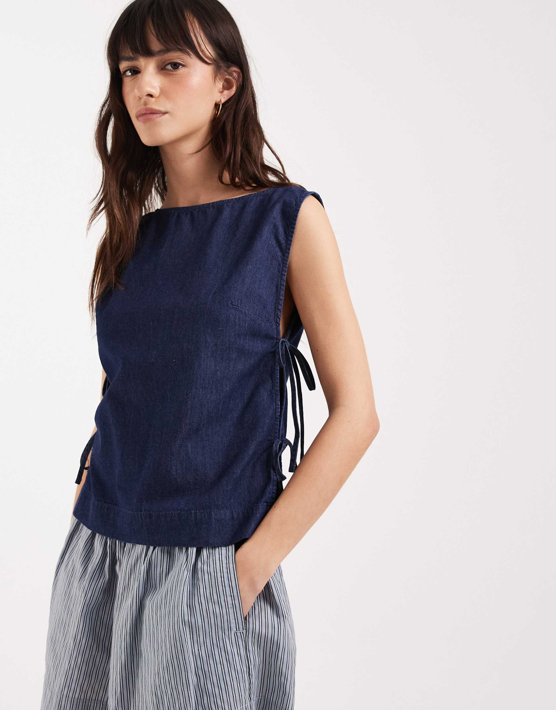 jjxx denim top with tie detailing in dark blue