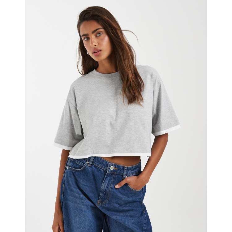 JJXX double layer oversized cropped tee in gray | ASOS