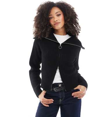 double zip knit sweater in black