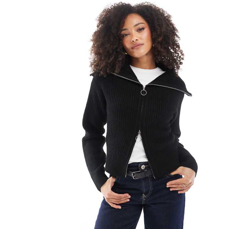 JJXX double zip knit sweater in black | ASOS
