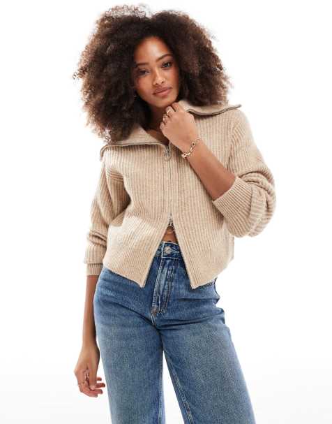 JJXX double zip knitted jumper in cream - view 1
