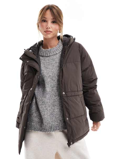 JJXX drawstring hooded puffer jacket in brown - view 1