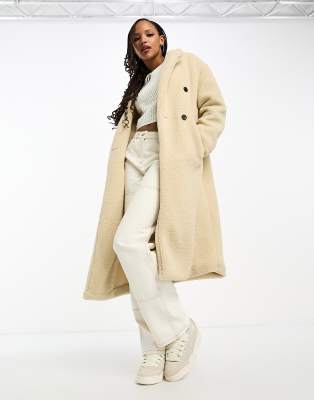 JJXX Emmy longline teddy coat in cream-White