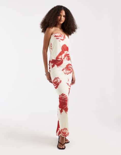 JJXX - Ensemble top bandeau et jupe longue en tulle à imprimé fleurs - Blanc cassé et rouge - view 1