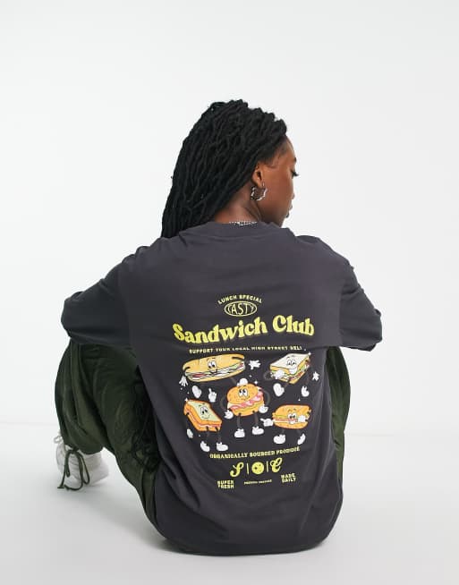 JJXX exclusive long sleeve sandwich club motif t-shirt in charcoal gray