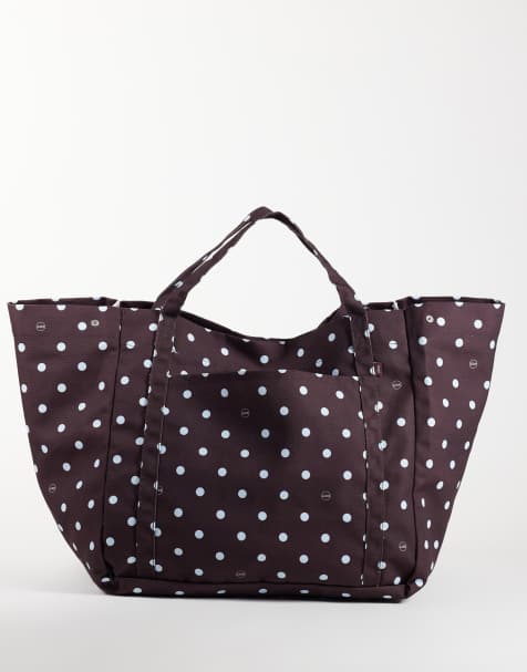 JJXX extra large canvas tote bag with double straps in brown and blue polka dot - view 1