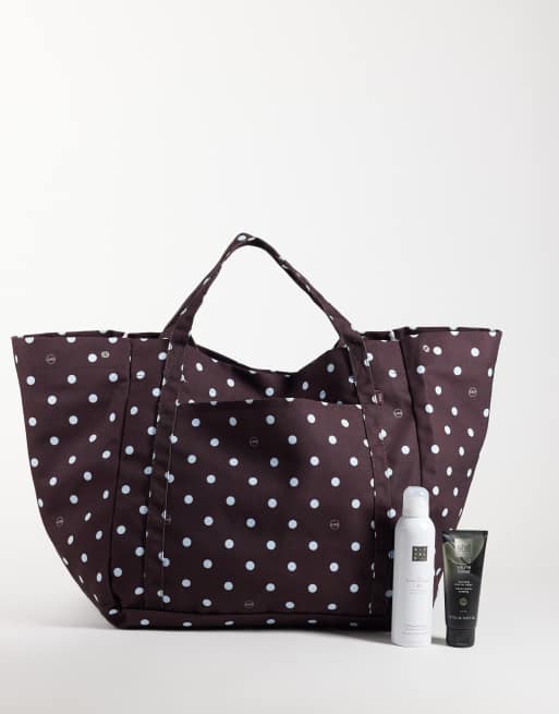 JJXX extra large canvas tote bag with double straps in brown and blue polka dot, 2 of 4