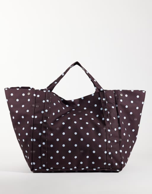 JJXX extra large canvas tote bag with double straps in brown and blue polka dot, 4 of 4