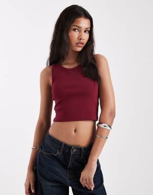 JJXX Fallon ribbed cropped tank top in burgundy