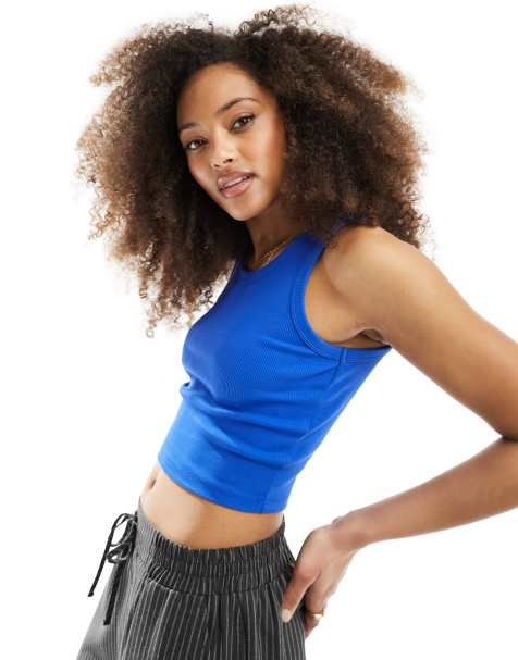 JJXX Fallon ribbed cropped tank top in cobalt blue - view 1