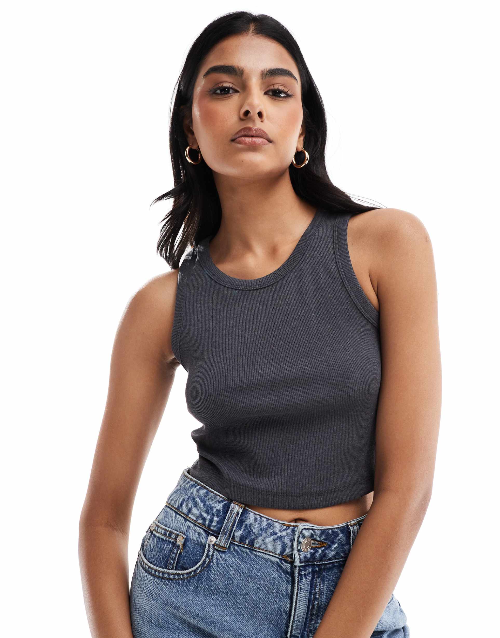 jjxx fallon ribbed cropped tank top in dark gray