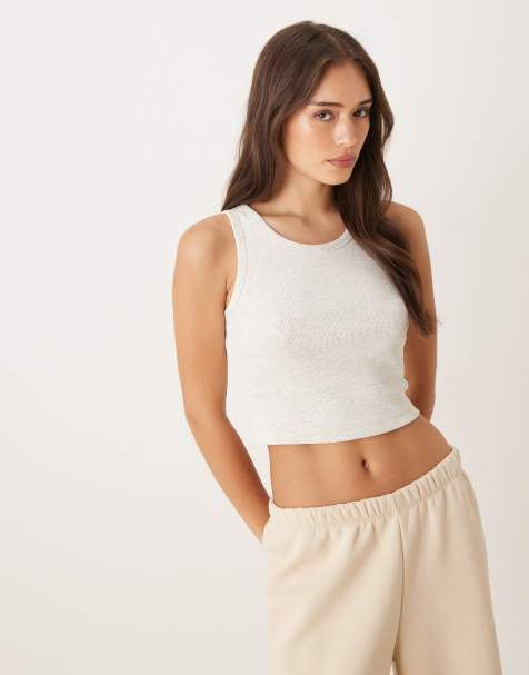 JJXX Fallon ribbed cropped tank top in light beige - view 1