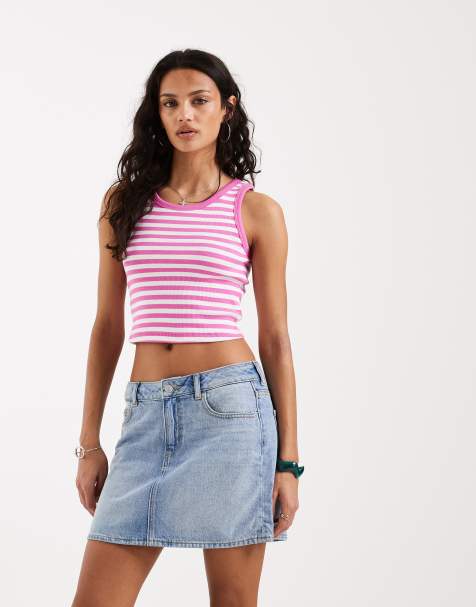 JJXX Fallon ribbed cropped tank top in pink stripes - view 1