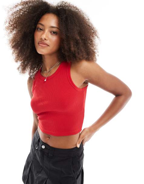 JJXX Fallon ribbed cropped tank top in red - view 1