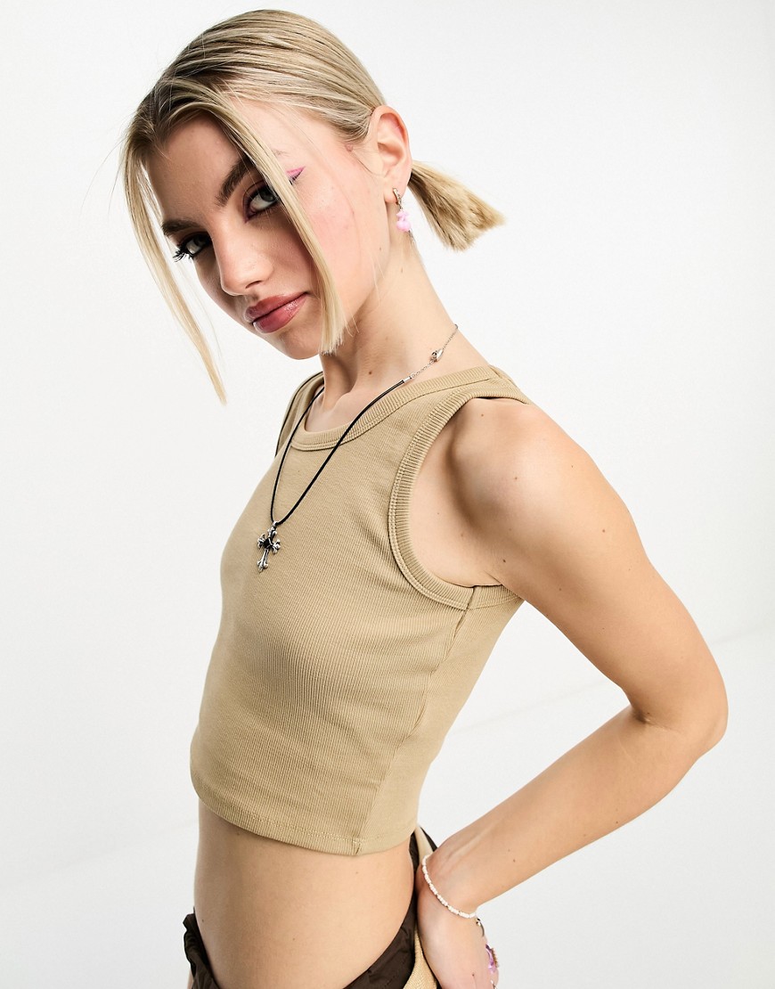 JJXX Fallon ribbed cropped vest top in beige-Neutral