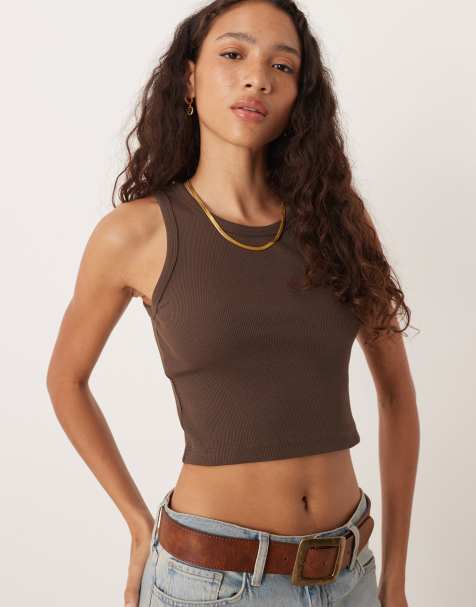 JJXX Fallon ribbed singlet in brown - view 1