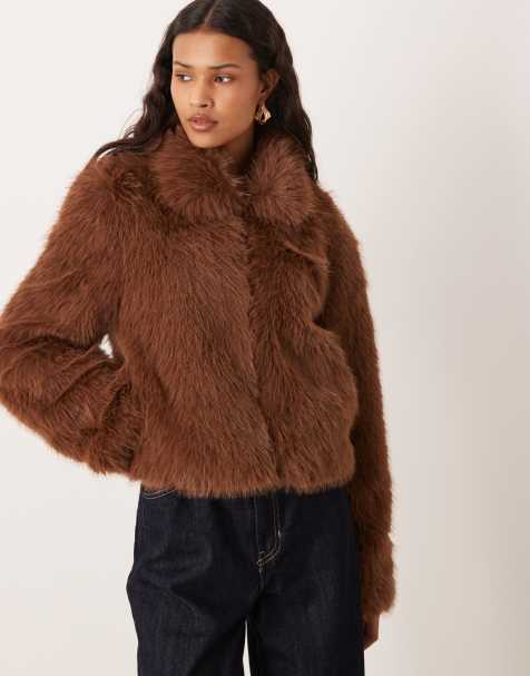 JJXX faux fur zip coat in brown - view 1