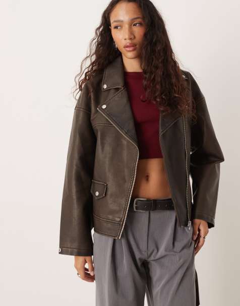 JJXX faux leather biker jacket in brown vintage  - view 1