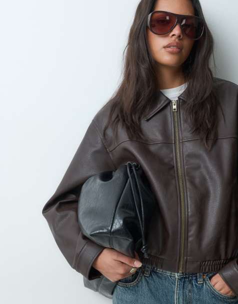 JJXX faux leather bomber jacket in brown - view 1