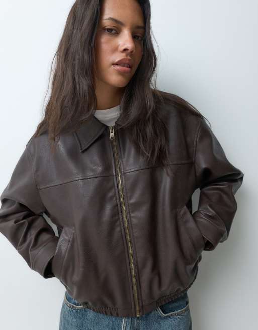 JJXX faux leather bomber jacket in brown, 3 of 5