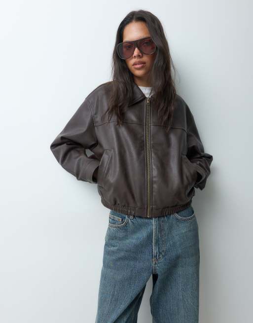JJXX faux leather bomber jacket in brown, 4 of 5