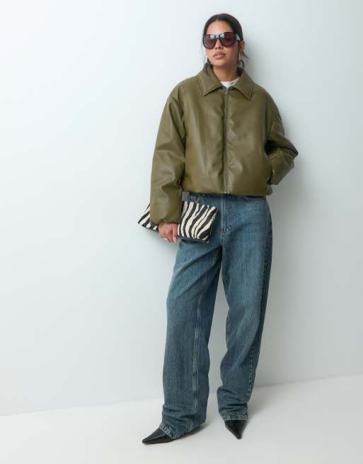 JJXX faux leather bomber jacket in khaki, 2 of 5