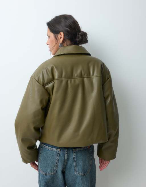 JJXX faux leather bomber jacket in khaki, 5 of 5