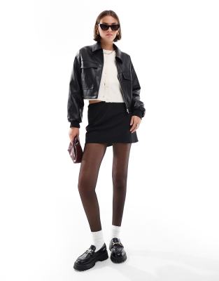 faux leather cropped bomber jacket with pockets in black