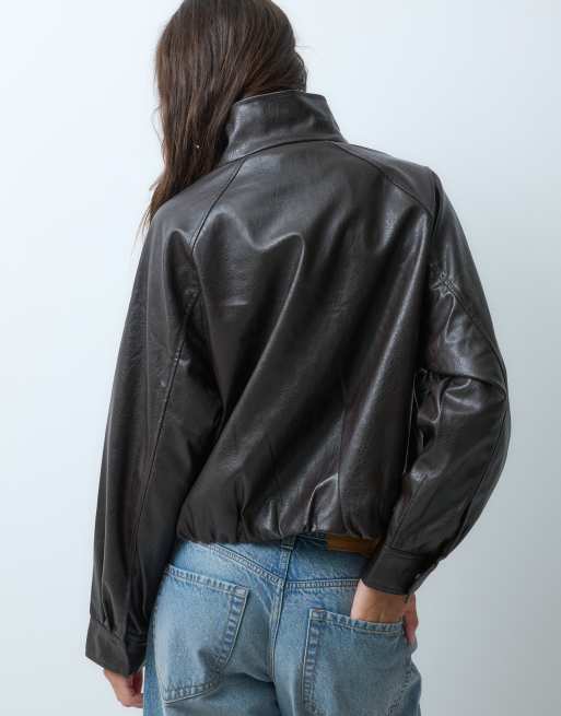 JJXX faux leather funnel neck jacket in dark brown, 4 of 5