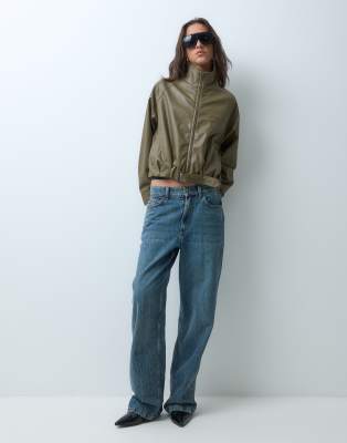 JJXX faux leather funnel neck jacket in olive green | ASOS