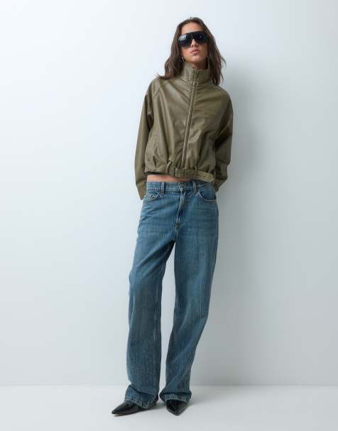 JJXX faux leather funnel neck jacket in olive green - view 1